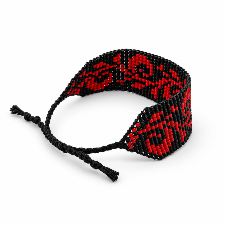 Brățară handmade din mărgele TOHO, negru și roșu, model floral, reglabilă [2]