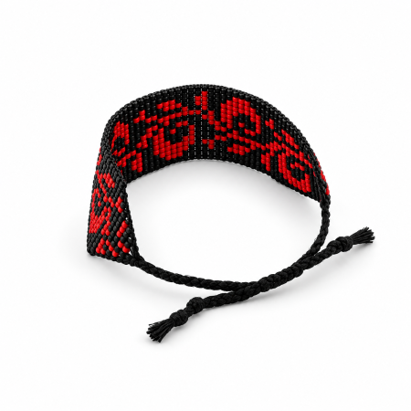 Brățară handmade din mărgele TOHO, negru și roșu, model floral, reglabilă [1]