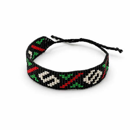 Țesută manual - Brățară handmade din mărgele TOHO, model geometric, negru-roșu-verde-alb, reglabilă