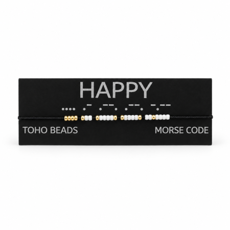 Brățară Morse „ HAPPY ” – mărgele TOHO alb, negru și auriu [1]