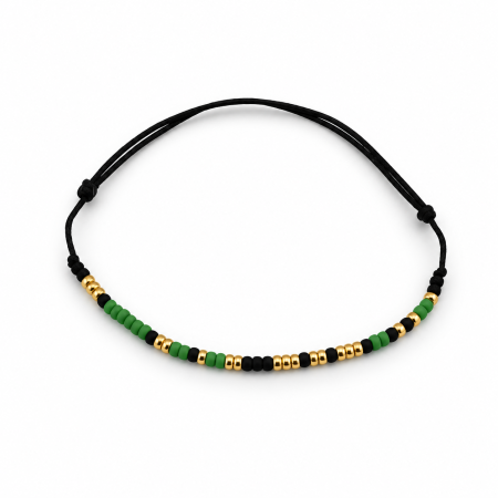 Cod Morse - Brățară " Soul Sister " în cod Morse – handmade cu mărgele TOHO aurii, verzi și negre, reglabilă