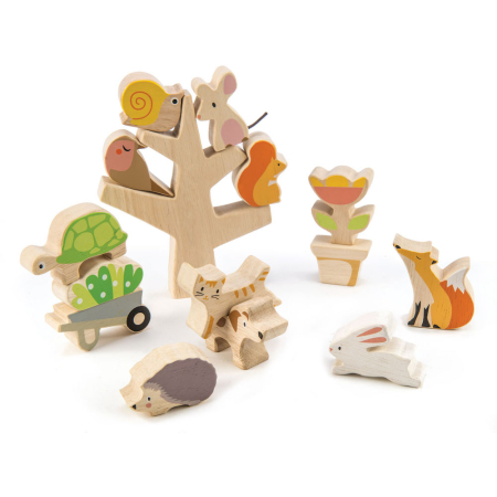 Produse - Animalute in copac, din lemn premium - Stacking Garden Friends - 16 piese - Tender Leaf Toys