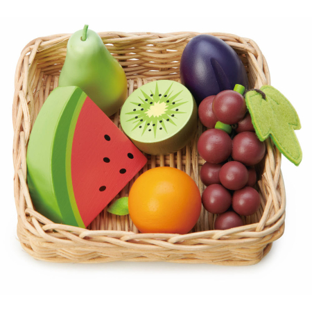 Produse - Cos cu fructe, din lemn premium - Fruity Basket  - 6 piese - Tender Leaf Toys