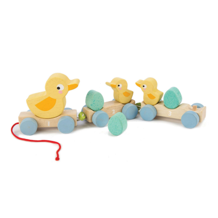 Produse - Trenulet tractabil cu ratuste, din lemn premium - Pull Along Ducks - 9 piese - Tender Leaf Toys
