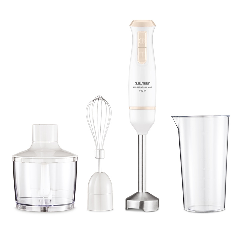 Blender de mana Zelmer ZHB4562I Pulsar Deluxe Max, 800 W, 2 lame inox, Picior inox, Recipient 800 ml, Tocator 450 ml, Tel, Design ergonomic, Alb/Crem [1]