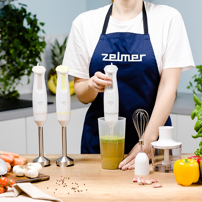 Blender de mana Zelmer ZHB4562S Pulsar Deluxe Max, 800 W, 2 lame inox, Picior inox, Recipient 800 ml, Tocator 450 ml, Tel, Design ergonomic, Alb [6]