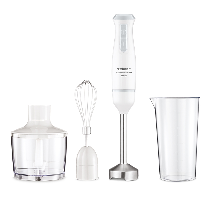 Blender de mana Zelmer ZHB4562S Pulsar Deluxe Max, 800 W, 2 lame inox, Picior inox, Recipient 800 ml, Tocator 450 ml, Tel, Design ergonomic, Alb [1]