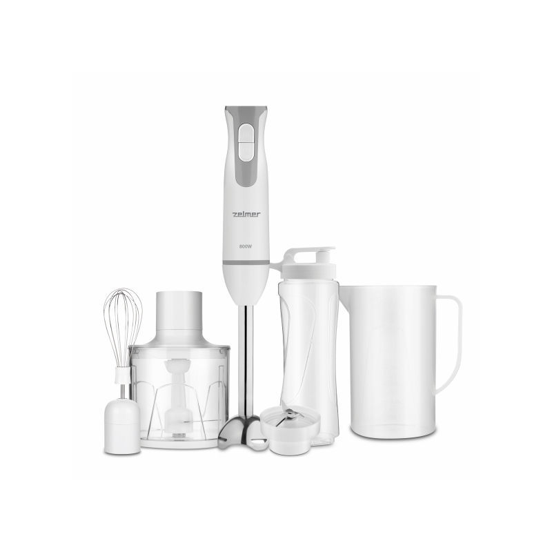 Blender vertical Zelmer ZHB4554S, 800W, 2 lame, Functie Turbo, Blender sport, tocator 450 ml, cana 800 ml, Alb/Gri [1]