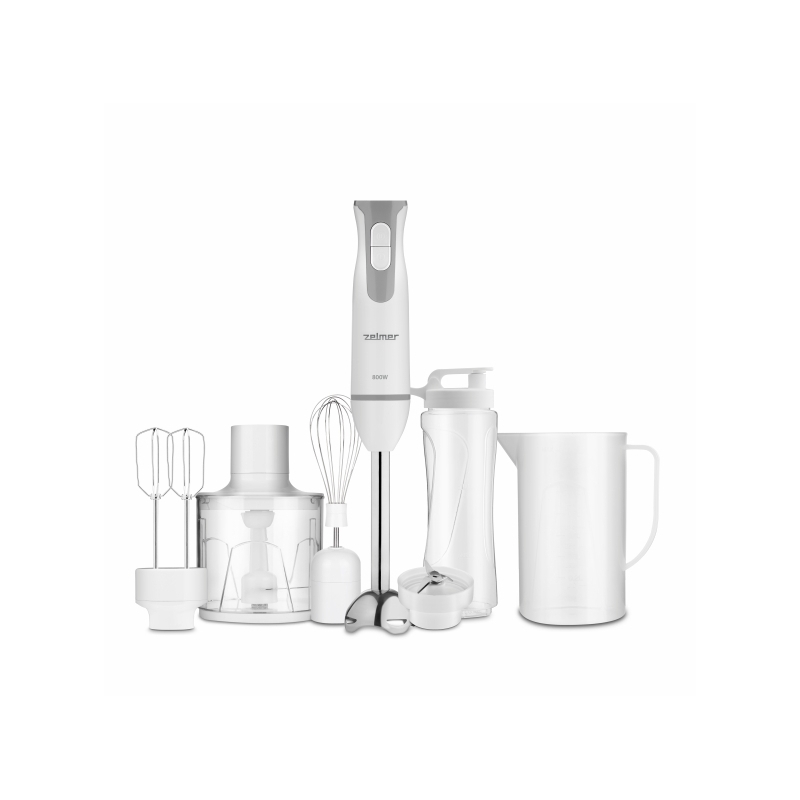 Blender vertical Zelmer ZHB4555S, 800W, 2 lame, Functie Turbo, Mixer, Blender sport, tocator 450 ml, cana 800 ml, Alb/Gri [1]