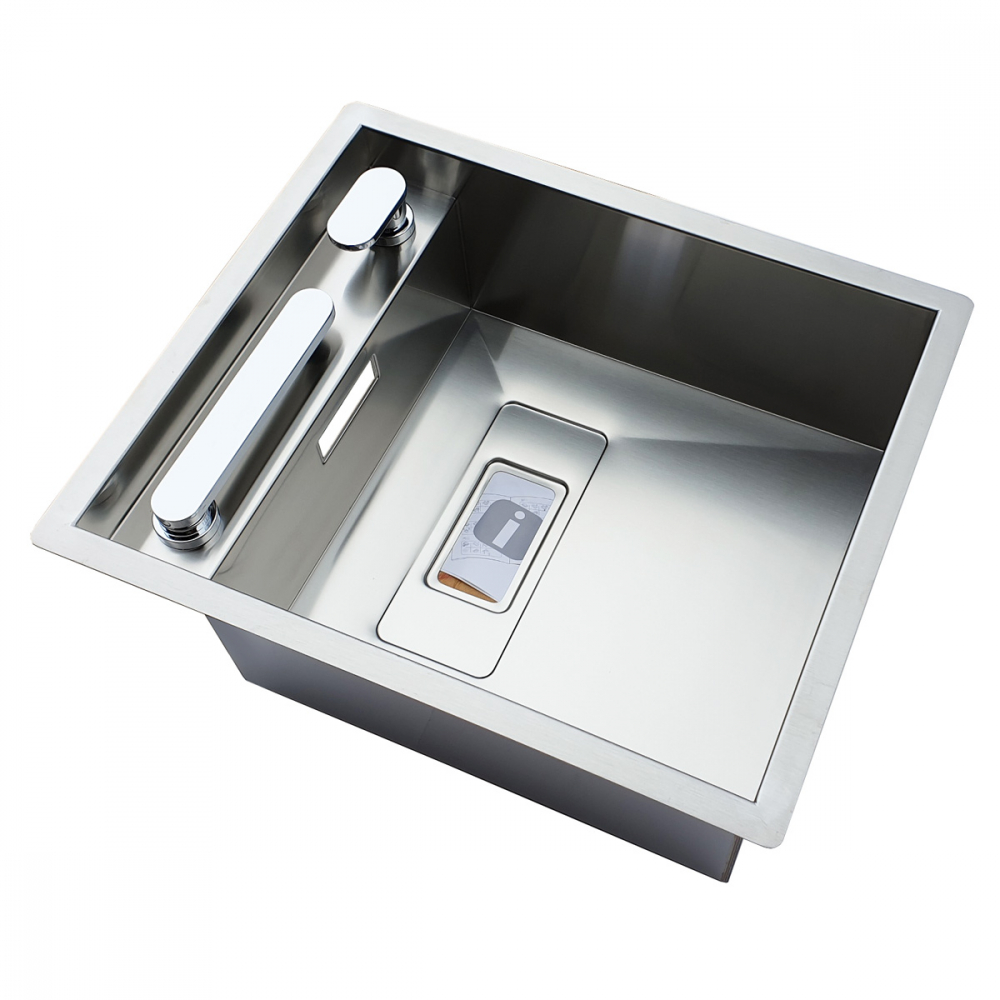 Chiuveta bucatarie inox CookingAid INVISIBLE 40R cu baterie telescopica integrata, capac scurgere invizibil, tocator sticla temperizata + accesorii montaj [1]