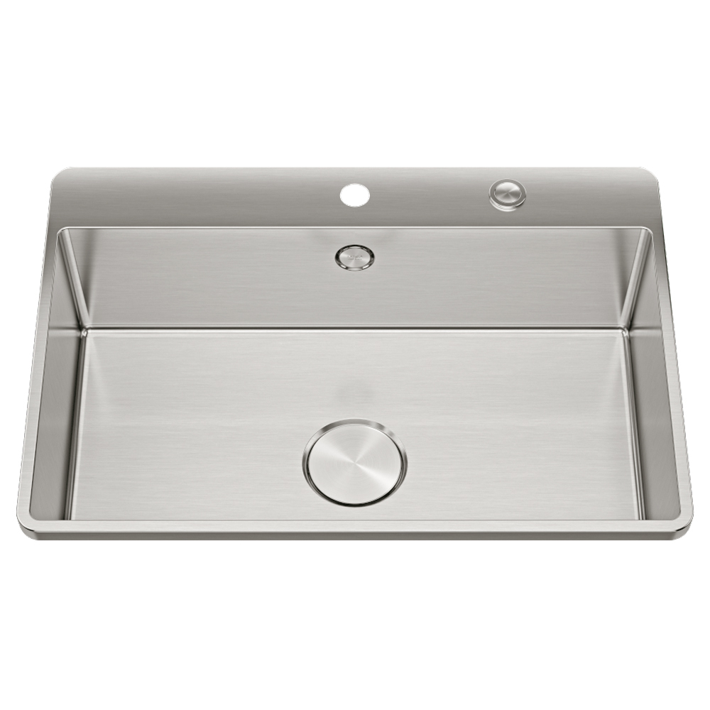 Chiuveta bucatarie inox CookingAid TASCA IRIS IR70 cu montaj pe blat, ventil scurgere automat cu capac scurgere invisibila, preaplin rotund si accesorii montaj [1]