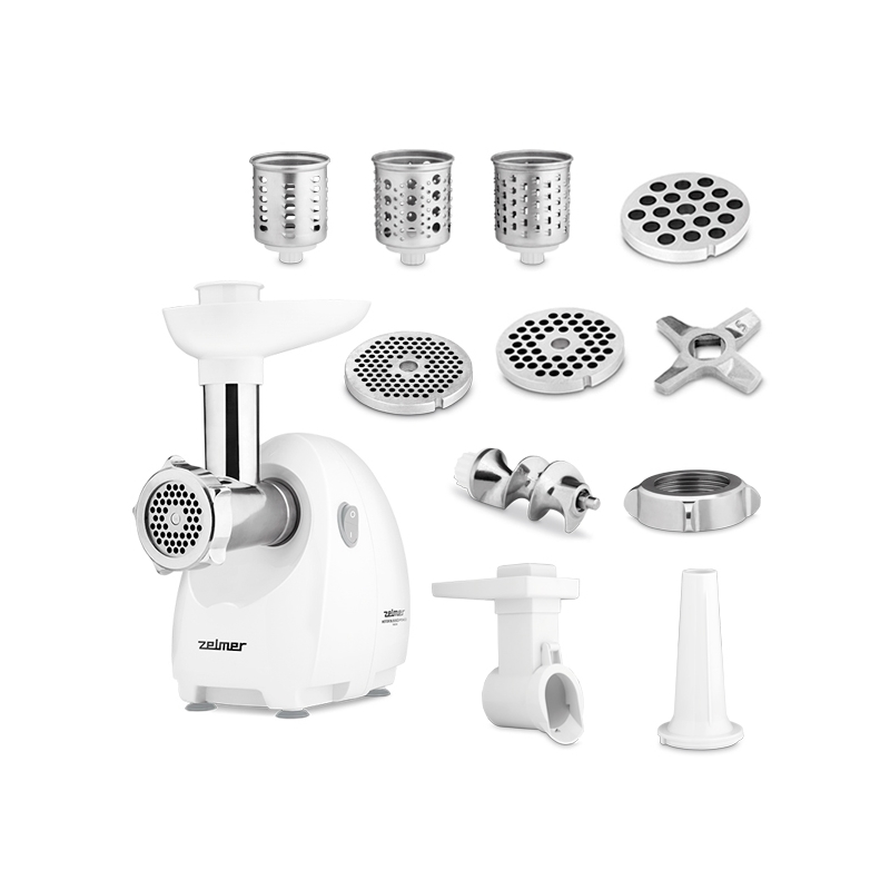 Masina de tocat carne Zelmer ZMM4048B, 1900W, 2,5 kg/min, 3 site, 3 razatoare, cutit reversibil, accesoriu carnati, alb [1]