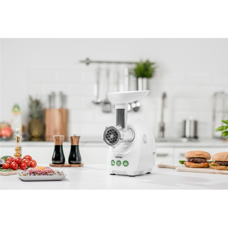 Masina de tocat carne Zelmer ZMM4048B, 1900W, 2,5 kg/min, 3 site, 3 razatoare, cutit reversibil, accesoriu carnati, alb [3]