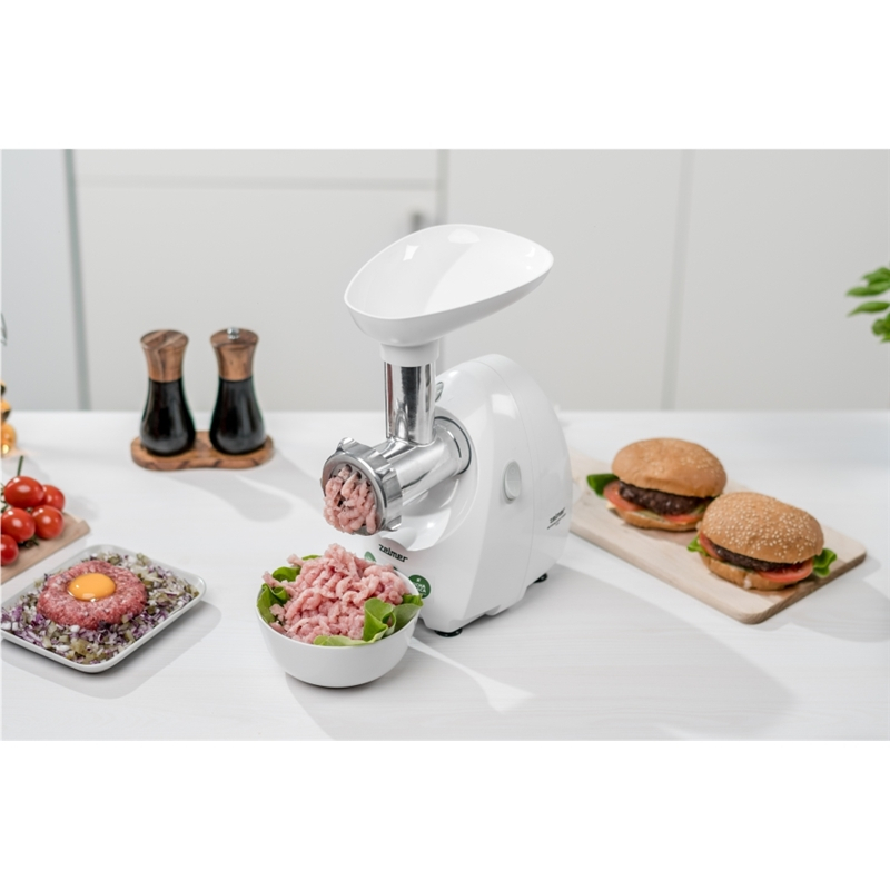 Masina de tocat carne Zelmer ZMM4048B, 1900W, 2,5 kg/min, 3 site, 3 razatoare, cutit reversibil, accesoriu carnati, alb [2]