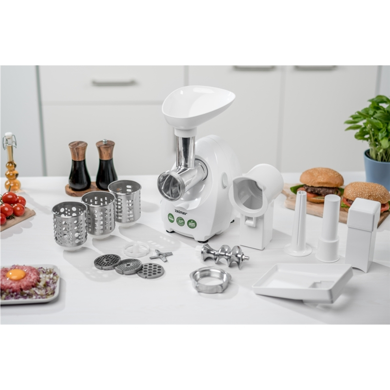 Masina de tocat carne Zelmer ZMM4048B, 1900W, 2,5 kg/min, 3 site, 3 razatoare, cutit reversibil, accesoriu carnati, alb [6]