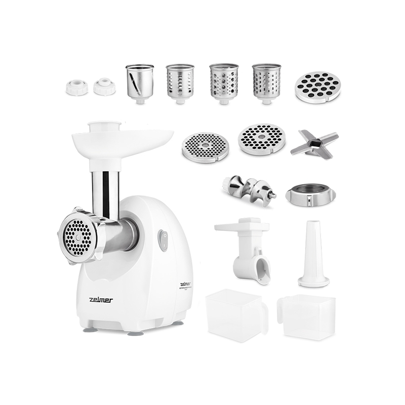 Masina de tocat carne Zelmer ZMM4050B, 1900W, 2,5 kg/min, 3 site, 4 razatoare, cutit reversibil, accesoriu carnati, storcator lent, alb [1]