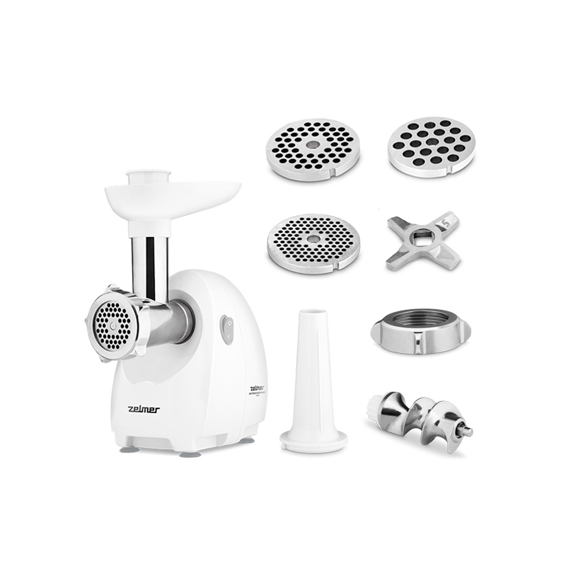 Masina de tocat carne Zelmer ZMM4080B, 1900W, 2,5 kg/min, 3 site, cutit reversibil, accesoriu carnati, alb [1]