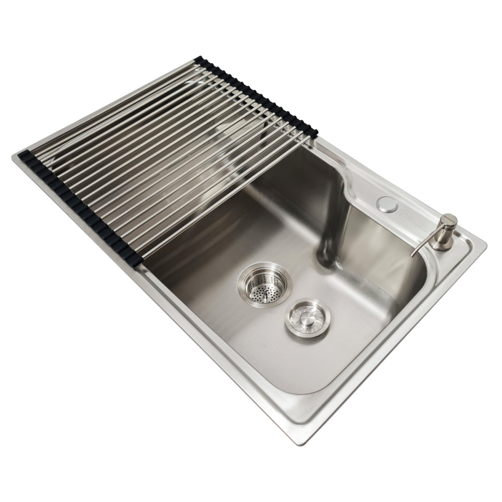Set chiuveta bucatarie inox CookingAid ARTEMIS Workstation cu dozator inox, scurgator mare vase/paste/fructe, suport farfurii, tocator lemn Sapele + accesorii montaj [6]