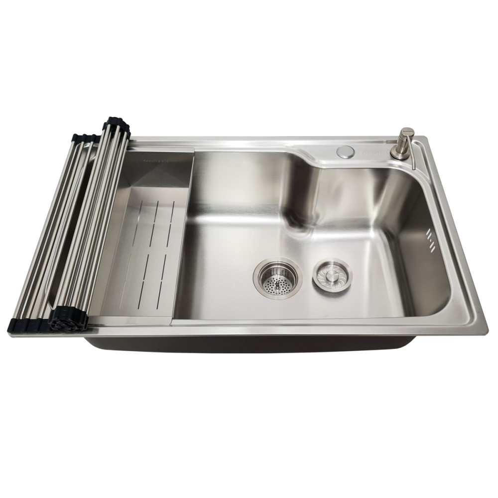 Set chiuveta bucatarie inox CookingAid ARTEMIS Workstation cu dozator inox, scurgator mare vase/paste/fructe, suport farfurii, tocator lemn Sapele + accesorii montaj [5]