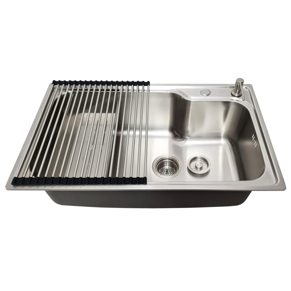 Set chiuveta bucatarie inox CookingAid ARTEMIS Workstation cu dozator inox, scurgator mare vase/paste/fructe, suport farfurii, tocator lemn Sapele + accesorii montaj [7]