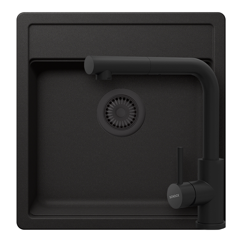 Set chiuveta bucatarie Schock Nemo N-100S 490 x 510 mm Cristalite Nero cu parti vizibile negru si baterie bucatarie Schock Kantus cu cap extractibil, negru [1]