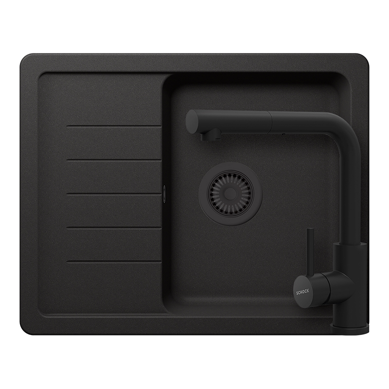 Set chiuveta bucatarie Schock Pinedo D-100XS 620 x 500 mm Cristalite Nero cu parti vizibile negru si baterie bucatarie Schock Kantus cu cap extractibil, negru [1]