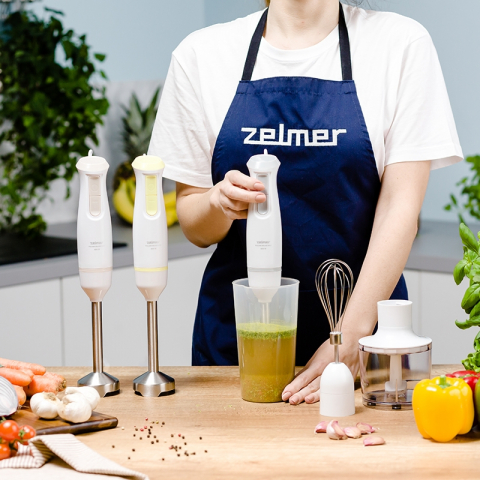 Blender de mana Zelmer ZHB4562S Pulsar Deluxe Max, 800 W, 2 lame inox, Picior inox, Recipient 800 ml, Tocator 450 ml, Tel, Design ergonomic, Alb [5]