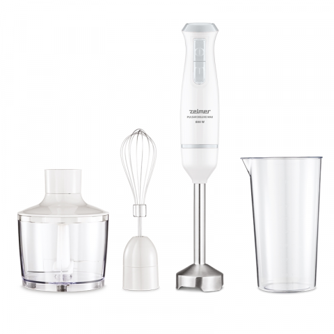Blendere de mana - Blender de mana Zelmer ZHB4562S Pulsar Deluxe Max, 800 W, 2 lame inox, Picior inox, Recipient 800 ml, Tocator 450 ml, Tel, Design ergonomic, Alb