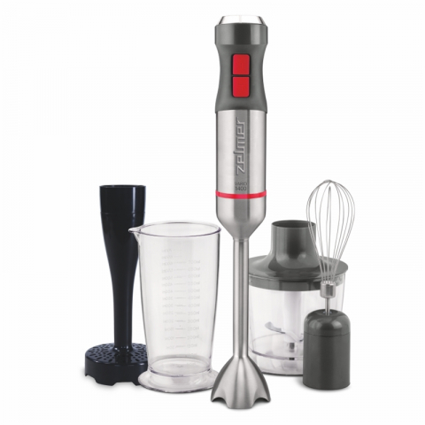 Blendere de mana - Blender vertical Zelmer ZHB4652 VARIO, 1400W, 4 lame, picior metalic, Functie TURBO, Dozator 700 ml, tocator 500 ml, gri/rosu