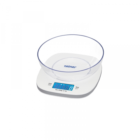 Cantare de bucatarie - Cantar de bucatarie Zelmer ZKS1450, 1g - 5KG, display LCD, touch, functie tara, bol inclus, alb