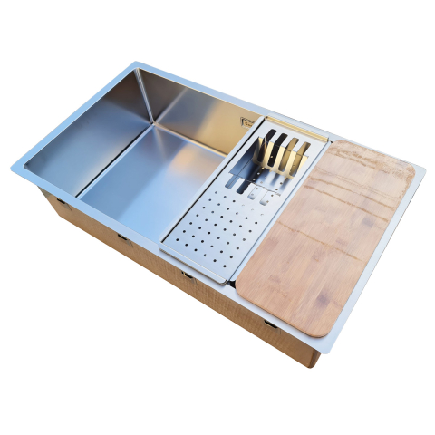 Chiuveta bucatarie inox CookingAid Box Lux 74 cu montaj pe/sub blat cu ventil scurgere dreptunghiular si accesorii montaj [2]