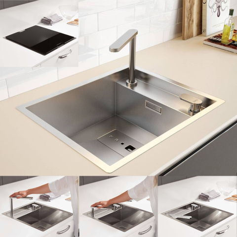 Seturi chiuveta & baterii - Chiuveta bucatarie inox CookingAid INVISIBLE 40R cu baterie telescopica integrata, capac scurgere invizibil, tocator sticla temperizata + accesorii montaj