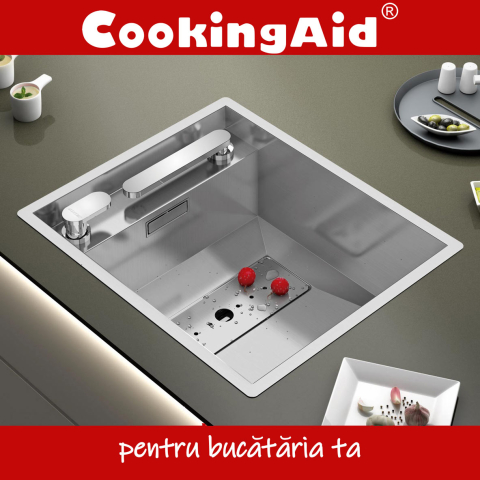 Chiuveta bucatarie inox CookingAid INVISIBLE 40R cu baterie telescopica integrata, capac scurgere invizibil, tocator sticla temperizata + accesorii montaj [1]