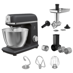 Mixere planetare - Robot de bucatarie ELECTROLUX E5KM1-6GBP, 1200 W, 6 trepte de viteza, functie Pulse, corp metalic, bol inox 5 l, masina de tocat carne, accesoriu razuire/ feliere, gri