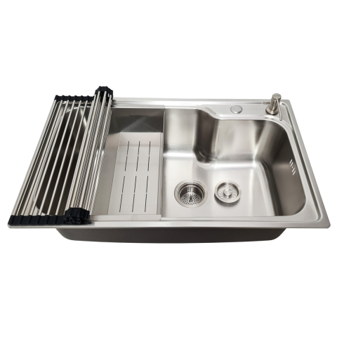 Seturi chiuveta & baterii - Set chiuveta bucatarie inox CookingAid ARTEMIS Workstation cu dozator inox, scurgator mare vase/paste/fructe, suport farfurii, tocator lemn Sapele + accesorii montaj
