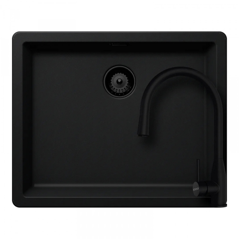 Seturi chiuveta & baterii - Set chiuveta bucatarie Schock Greenwich N-100L 556 x 456 mm Cristadur Puro, negru intens cu parti vizibile si baterie bucatarie Schock Kavus cu cap extractibil Puro