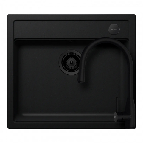 Seturi chiuveta & baterii - Set chiuveta bucatarie Schock Mono N-100 570 x 510 mm Cristadur Puro, negru intens cu parti vizibile si baterie bucatarie Schock Kavus cu cap extractibil Puro