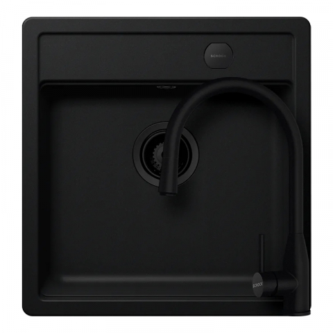 Seturi chiuveta & baterii - Set chiuveta bucatarie Schock Mono N-100S 490 x 510 mm Cristadur Puro, negru intens cu parti vizibile si baterie bucatarie Schock Kavus cu cap extractibil Puro
