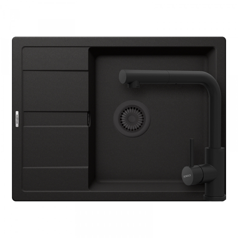 Seturi chiuveta & baterii - Set chiuveta bucatarie Schock Ronda D-100L 650 x 500 mm Cristalite Nero cu parti vizibile negru si baterie bucatarie Schock Kantus cu cap extractibil, negru