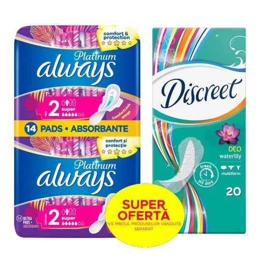 Ingrijire barbati - Pachet Absorbante Always Platinum Super 14 bucăți + Absorbante Zilnice Discreet Deo Waterlily 20 bucăți