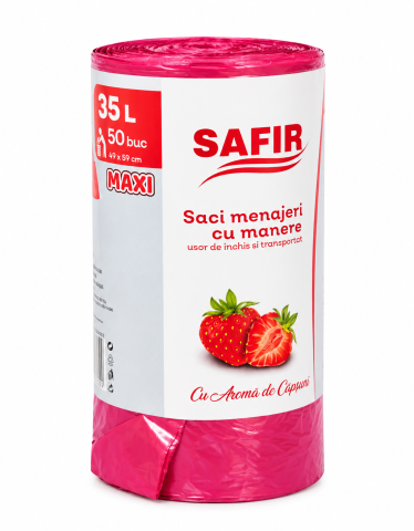 Saci menaj - Saci Menajeri Safir Maxi cu Mânere, Parfumați cu Aromă de Căpșuni, 35L, 50 Bucăți, Rosu