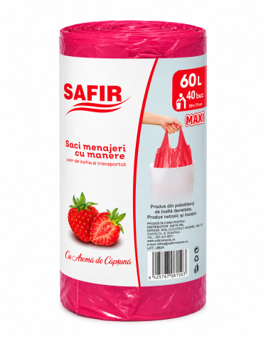 Saci menaj - Saci Menajeri Safir Maxi 60L, 40 Bucăți, cu Mânere și Aromă de Căpșuni, Roz