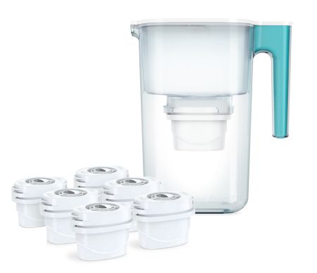 Aqua Optima - 6 filtre Evolve + Cana filtranta de apa Aqua Optima Perfect Pour, albastru, 3,6 litri