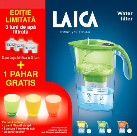 Cana filtranta Laica Stream, 2.3L, + 3 filtre Bi-Flux + pahar de colectie CADOU, Galben [1]