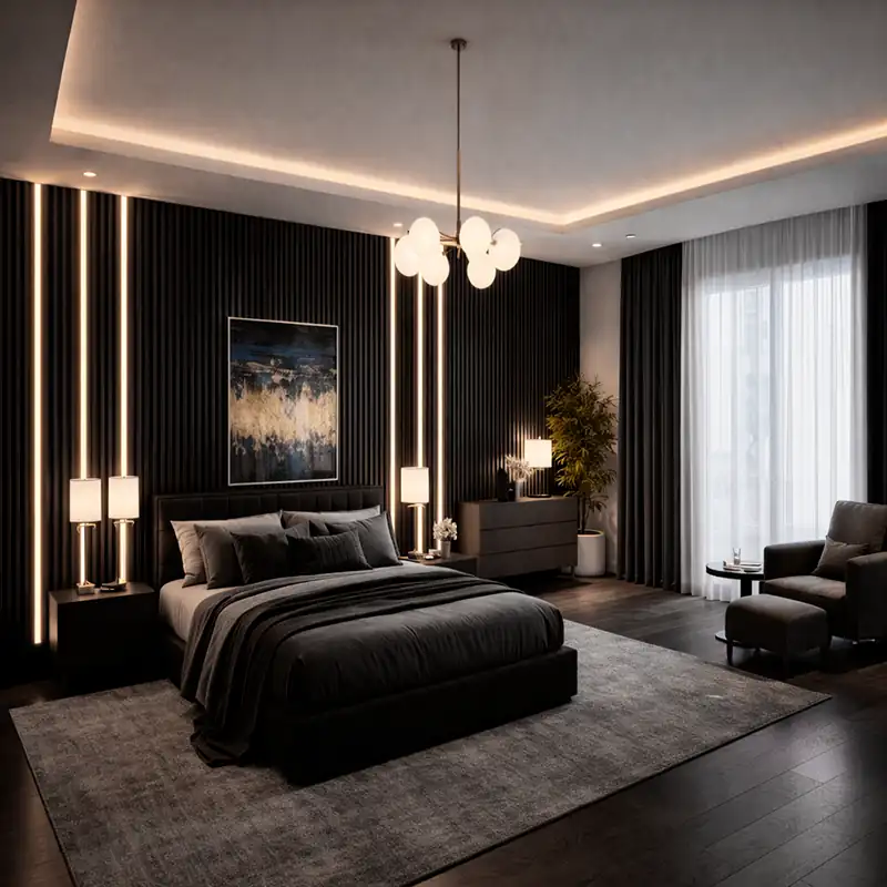 Riflaj MDF Negru cu 3 LED – Panou Decorativ 60×280 cm [5]