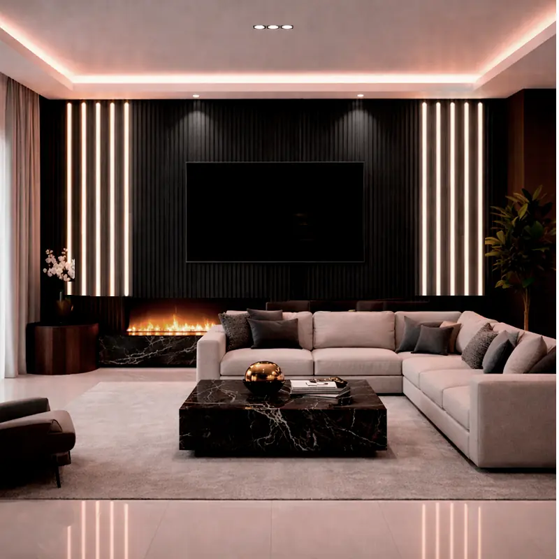 Riflaj MDF Negru cu 5 LED – Panou Decorativ 60x280 cm [5]