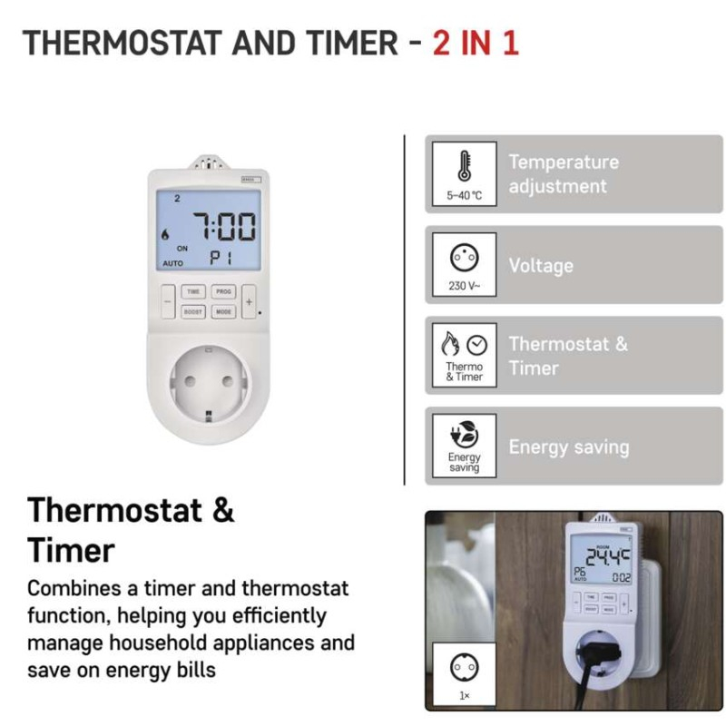 2-in-1 socket thermostat with digital timer function, schuko [2]
