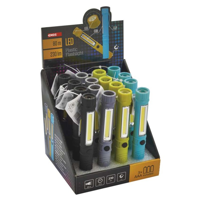 COB LED + LED Flashlight, 230 lm, 3× AAA, 16 pcs, display box [3]
