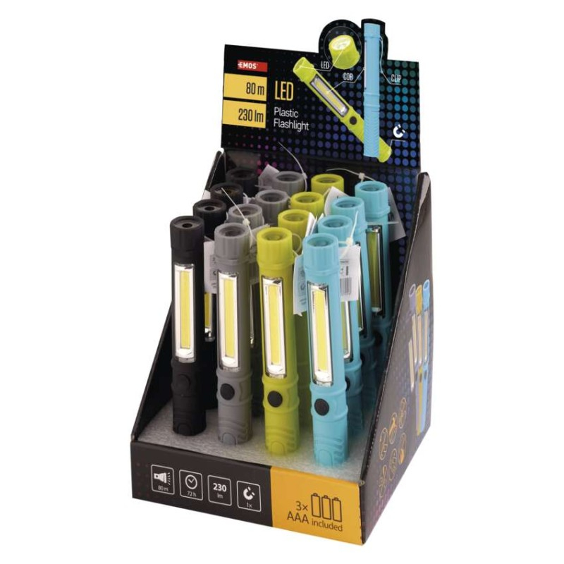 COB LED + LED Flashlight, 230 lm, 3× AAA, 16 pcs, display box [1]