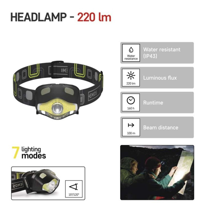 COB LED + LED Headlamp, 220 lm, 100 m, 3× AAA [3]